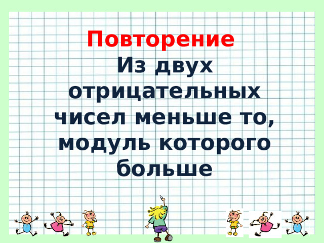 Повторение  Из двух отрицательных чисел меньше то, модуль которого больше 