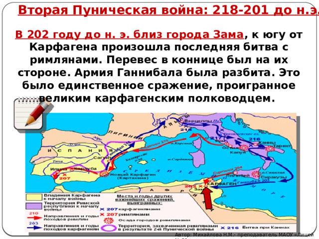 Вторая Пуническая война: 218-201 до н.э. В 202 году до н. э. близ города Зама , к югу от Карфагена произошла последняя битва с римлянами. Перевес в коннице был на их стороне. Армия Ганнибала была разбита. Это было единственное сражение, проигранное великим карфагенским полководцем. Автор: Михайлова Н.М.- преподаватель МАОУ «Лицей № 21» 