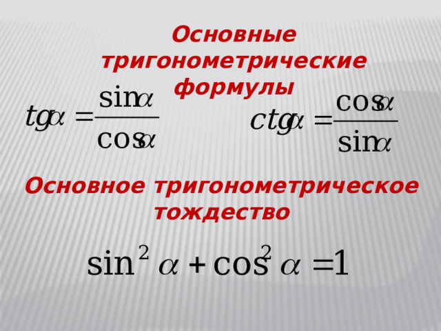Основные тригонометрические формулы Основное тригонометрическое тождество 