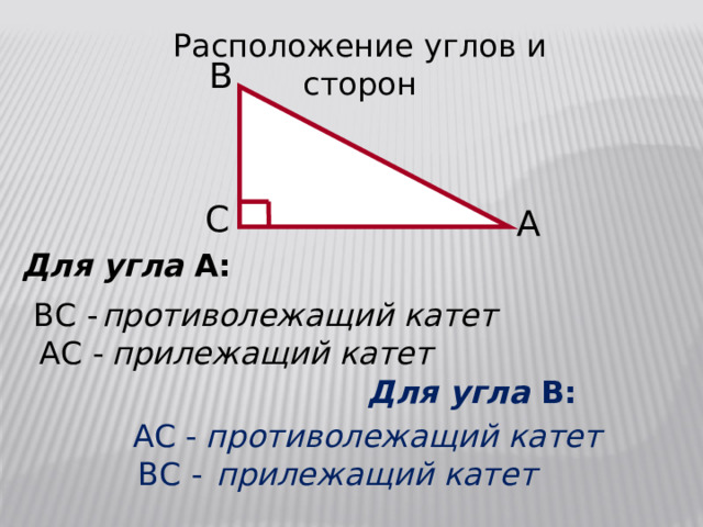 Расположение углов и сторон B C A Для угла А: противолежащий катет ВС - АС - прилежащий катет Для угла В: противолежащий катет АС - ВС -  прилежащий катет 