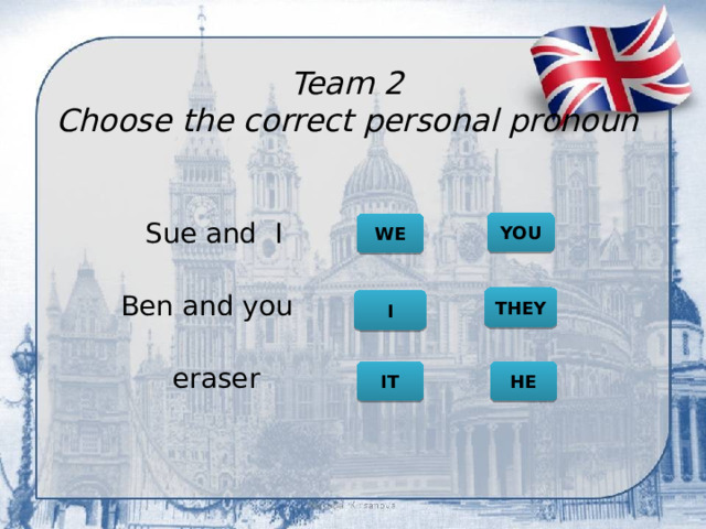 Team 2  Choose the correct personal pronoun      Sue and I YOU WE Ben and you THEY I eraser  HE IT 
