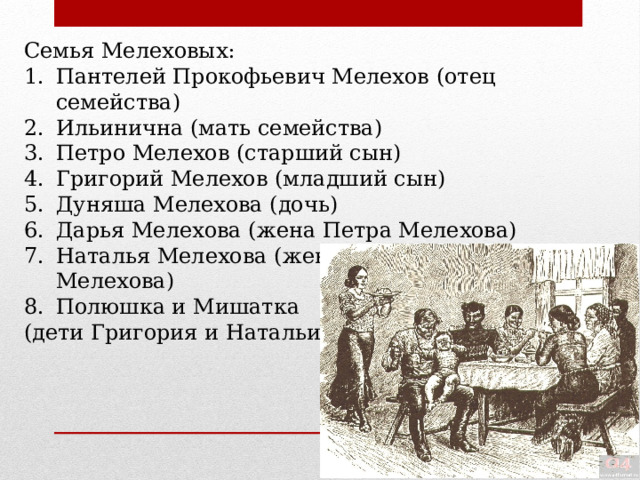 Семья Мелеховых: Пантелей Прокофьевич Мелехов (отец семейства) Ильинична (мать семейства) Петро Мелехов (старший сын) Григорий Мелехов (младший сын) Дуняша Мелехова (дочь) Дарья Мелехова (жена Петра Мелехова) Наталья Мелехова (жена Григория Мелехова) Полюшка и Мишатка (дети Григория и Натальи) 