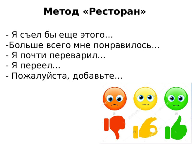 Метод «Ресторан» - Я съел бы еще этого… -Больше всего мне понравилось… - Я почти переварил… - Я переел… - Пожалуйста, добавьте… 