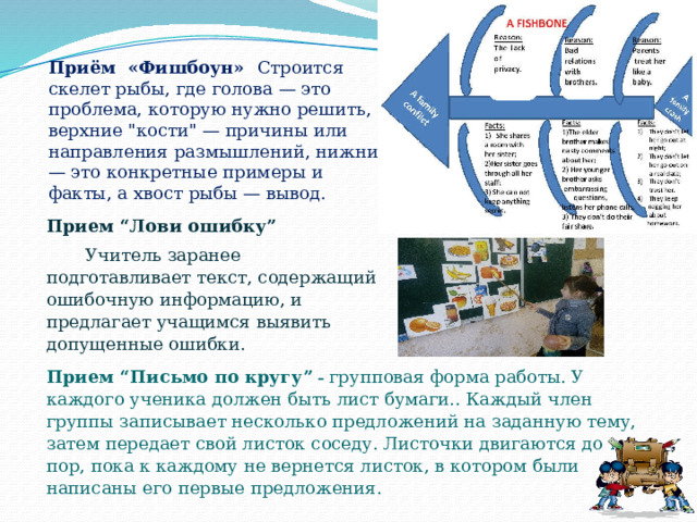 Приём «Фишбоун» Строится скелет рыбы, где голова — это проблема, которую нужно решить, верхние 