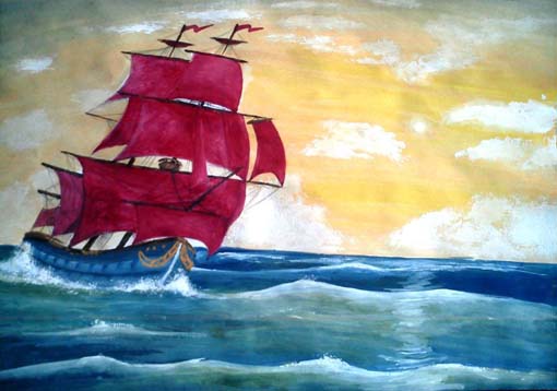 Нарисовать море и синдбадов корабль