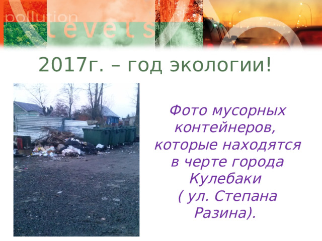 2017г. – год экологии! Фото мусорных контейнеров, которые находятся в черте города Кулебаки ( ул. Степана Разина). 