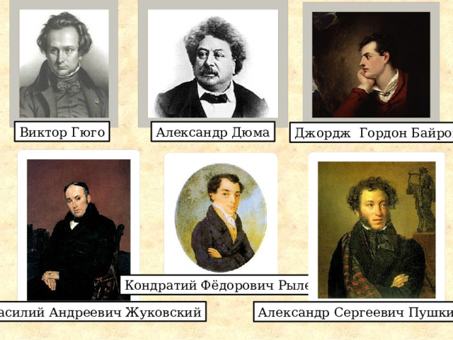 Виктор Гюго Александр Дюма Джордж Гордон Байрон Кондратий Фёдорович Рылеев Василий Андреевич Жуковский Александр Сергеевич Пушкин 