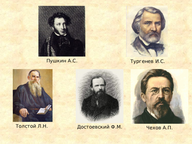 Пушкин А.С. Тургенев И.С. Толстой Л.Н. Достоевский Ф.М. Чехов А.П. 