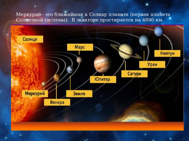 Меркурий– это ближайшая к Солнцу планета (первая планета Солнечной системы). В экваторе простирается на 4880 км. 