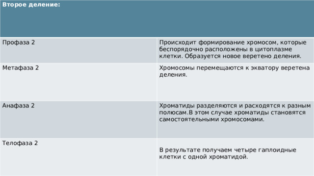 Второе деление: Профаза 2 Происходит формирование хромосом, которые беспорядочно расположены в цитоплазме клетки. Образуется новое веретено деления. Метафаза 2 Хромосомы перемещаются к экватору веретена деления. Анафаза 2 Хроматиды разделяются и расходятся к разным полюсам.В этом случае хроматиды становятся самостоятельными хромосомами. Телофаза 2 В результате получаем четыре гаплоидные клетки с одной хроматидой. 