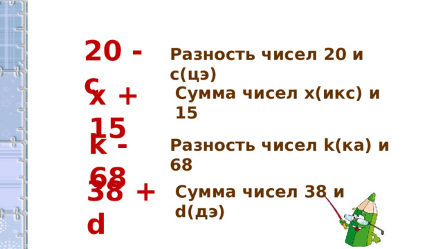 20 - c Разность чисел 20 и c(цэ) x + 15 Сумма чисел x(икс) и 15 k - 68 Разность чисел k(ка) и 68 38 + d Сумма чисел 38 и d(дэ) 