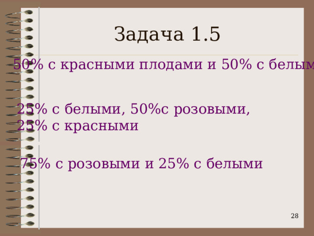 Задача 1.5 50% с красными плодами и 50% с белыми 25% с белыми, 50%с розовыми, 25% с красными 75% с розовыми и 25% с белыми  