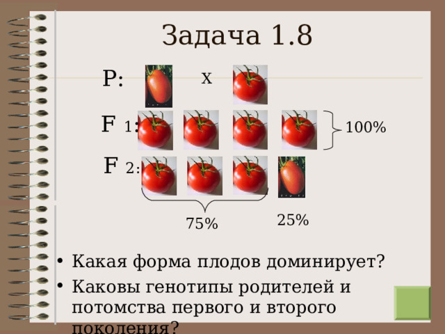 Задача 1.8 Р: Х F  1 : 100% F  2: 25% 75% Какая форма плодов доминирует? Каковы генотипы родителей и потомства первого и второго поколения?  