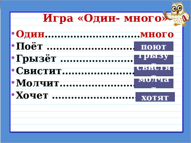    Игра «Один- много» Один ………………………… много Поёт ………………………… Грызёт …………………….. Свистит……………………. Молчит…………………….. Хочет ……………………….. поют грызут свистят молчат хотят 