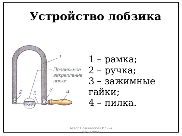 Устройство лобзика 1 – рамка; 2 – ручка; 3 – зажимные гайки; 4 – пилка. Автор Поликарпова Ирина Николаевна 