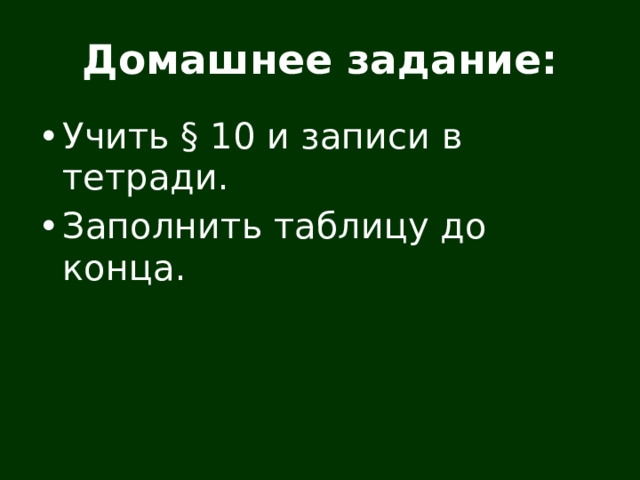 Домашнее задание: Учить § 10 и записи в тетради. Заполнить таблицу до конца. 