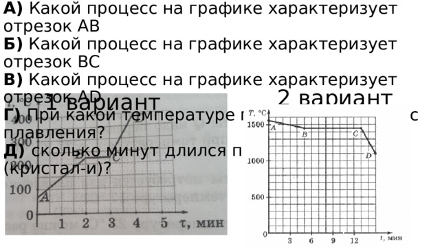  А)  Какой процесс на графике характеризует отрезок АB  Б)  Какой процесс на графике характеризует отрезок BC  В)  Какой процесс на графике характеризует отрезок AD  Г)  При какой температуре происходит процесс плавления?  Д)  сколько минут длился процесс плавления (кристал-и)?   2 вариант 1 вариант 