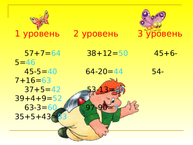 1 уровень  2 уровень  3 уровень   57+7= 64 38+12= 50 45+6-5= 46  45-5= 40 64-20= 44 54-7+16= 63  37+5= 42 53-13= 40  39+4+9= 52  63-3= 60 97-90= 7  35+5+43= 83 