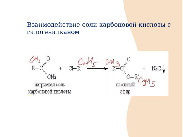 Взаимодействие соли карбоновой кислоты с галогеналканом 