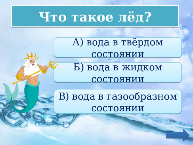 Что такое лёд? А) вода в твёрдом состоянии Б) вода в жидком состоянии В) вода в газообразном состоянии 