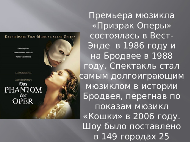 Премьера мюзикла «Призрак Оперы» состоялась в Вест-Энде  в 1986 году и на Бродвее в 1988 году. Спектакль стал самым долгоиграющим мюзиклом в истории Бродвея, перегнав по показам мюзикл «Кошки» в 2006 году. Шоу было поставлено в 149 городах 25 стран, его посмотрело более 100 миллионов человек. 