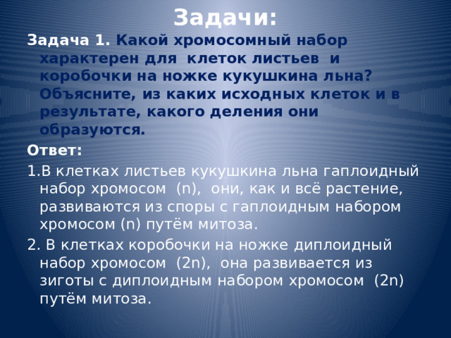 Задачи: Задача 1.  Какой хромосомный набор характерен для клеток листьев и коробочки на ножке кукушкина льна? Объясните, из каких исходных клеток и в результате, какого деления они образуются. Ответ: 1.В клетках листьев кукушкина льна гаплоидный набор хромосом (n), они, как и всё растение, развиваются из споры с гаплоидным набором хромосом (n) путём митоза. 2. В клетках коробочки на ножке диплоидный набор хромосом (2n), она развивается из зиготы с диплоидным набором хромосом (2n) путём митоза. 