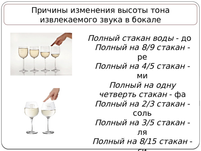 Причины изменения высоты тона извлекаемого звука в бокале Полный стакан воды - до  Полный на 8/9 стакан - ре  Полный на 4/5 стакан - ми  Полный на одну четверть стакан - фа  Полный на 2/3 стакан - соль  Полный на 3/5 стакан - ля  Полный на 8/15 стакан - си 