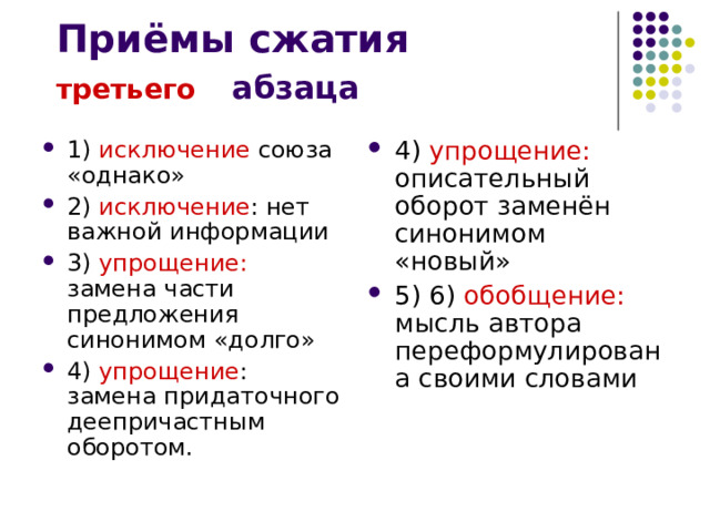 третьего абзаца 1) исключение союза «однако» 2) исключение : нет важной информации 3) упрощение: замена  части предложения синонимом «долго» 4) упрощение : замена придаточного деепричастным оборотом.  4) упрощение: описательный оборот заменён синонимом «новый» 5) 6) обобщение:   мысль автора переформулирована своими словами 