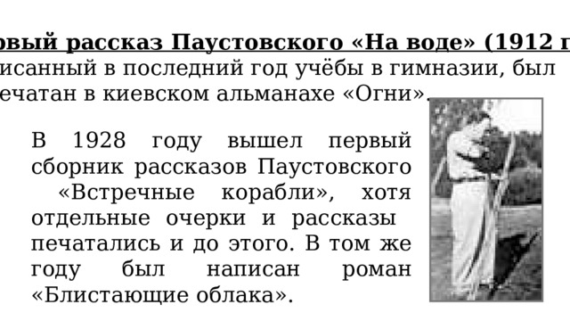 Первый рассказ Паустовского «На воде» (1912 год), написанный в последний год учёбы в гимназии, был напечатан в киевском альманахе «Огни». В 1928 году вышел первый сборник рассказов Паустовского «Встречные корабли», хотя отдельные очерки и рассказы печатались и до этого. В том же году был написан роман «Блистающие облака». 