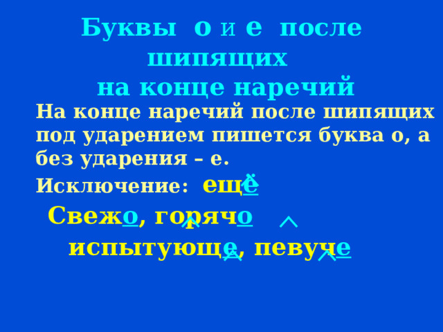 Буквы о  и  е после шипящих  на конце наречий     На конце наречий после шипящих под ударением пишется буква о, а без ударения – е.   Исключение: ещ ё     Свеж о , горяч о    испытующ е , певуч е   