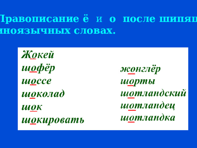  Правописание ё и о после шипящих в иноязычных словах. 