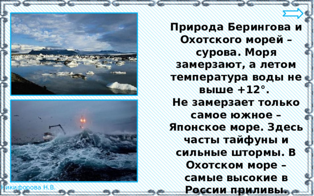 Природа Берингова и Охотского морей – сурова. Моря замерзают, а летом температура воды не выше +12°. Не замерзает только самое южное – Японское море. Здесь часты тайфуны и сильные штормы. В Охотском море – самые высокие в России приливы. 