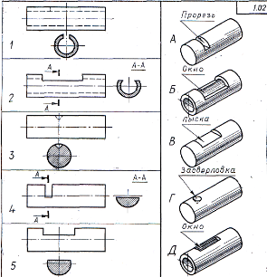 Найдите наглядные изображения деталей по виду и сечению соответствующие буквенные обозначения