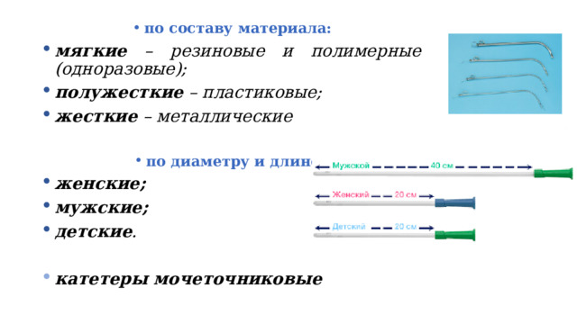 по составу материала: мягкие – резиновые и полимерные (одноразовые); полужесткие – пластиковые; жесткие – металлические по диаметру и длине: женские; мужские; детские .  катетеры мочеточниковые  