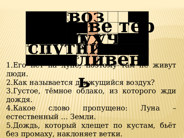 воз дух 1 11 4 1 2 3 5 ве тер 2 т уча 3 спутник 4 ливень 5 1.Его нет на луне, поэтому там не живут люди. 2.Как называется движущийся воздух? 3.Густое, тёмное облако, из которого жди дождя. 4.Какое слово пропущено: Луна – естественный … Земли. 5.Дождь, который хлещет по кустам, бьёт без промаху, наклоняет ветки. 