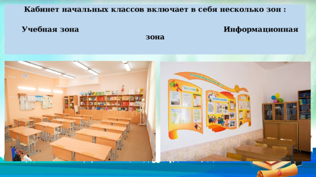Кабинет начальных классов включает в себя несколько зон :     Учебная зона Информационная зона    