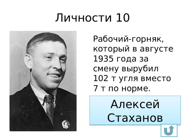 Личности 10 Рабочий-горняк, который в августе 1935 года за смену вырубил 102 т угля вместо 7 т по норме. Алексей Стаханов 