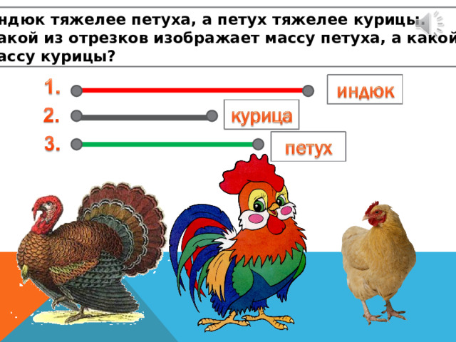 Индюк тяжелее петуха, а петух тяжелее курицы. Какой из отрезков изображает массу петуха, а какой массу курицы? 