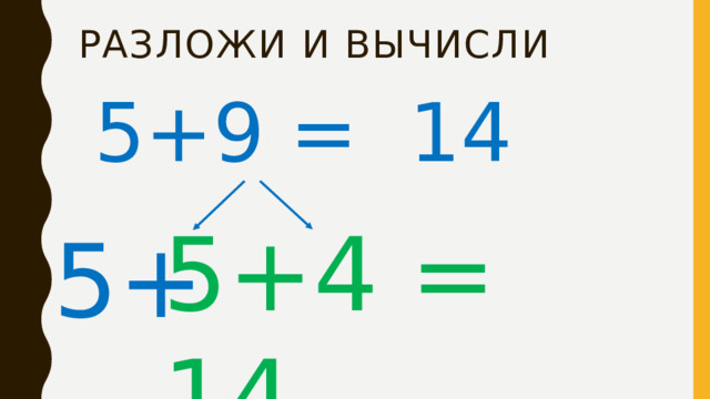 Разложи и Вычисли 5+9 = 14 5+4 = 14 5+ 