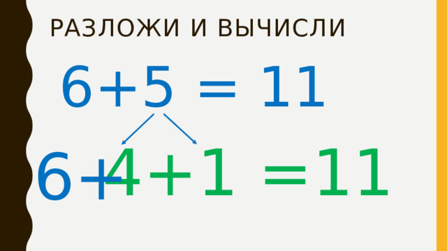 Разложи и Вычисли 6+5 = 11 4+1 =11 6+ 