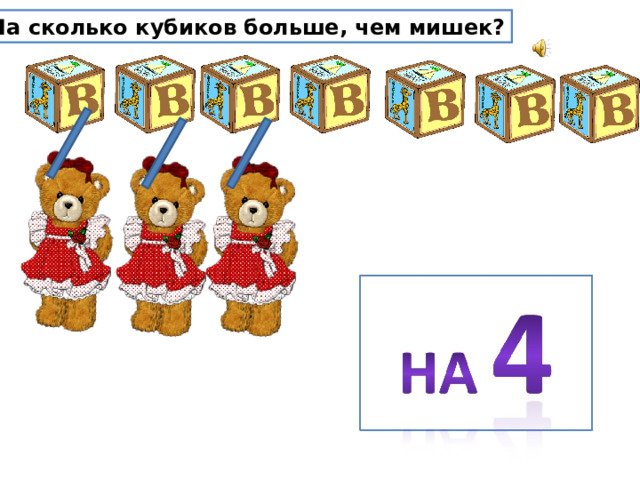 На сколько кубиков больше, чем мишек? 