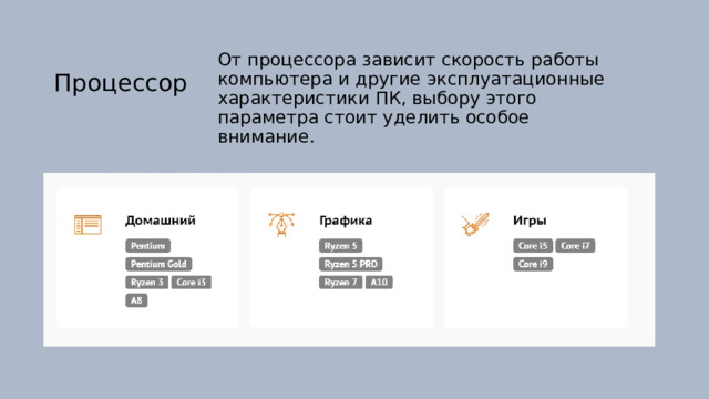 Процессор От процессора зависит скорость работы компьютера и другие эксплуатационные характеристики ПК, выбору этого параметра стоит уделить особое внимание. 
