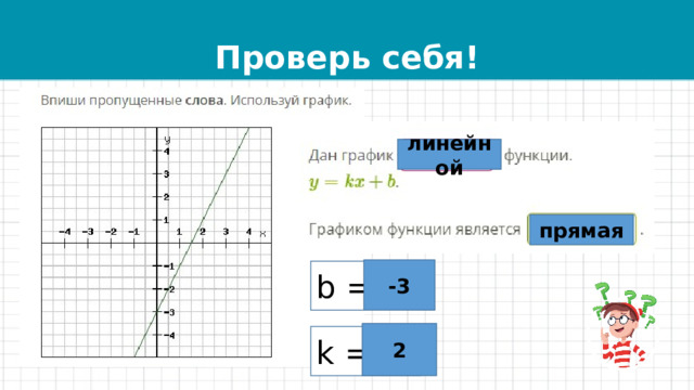 Проверь себя! линейной прямая -3 b = 2 k = 