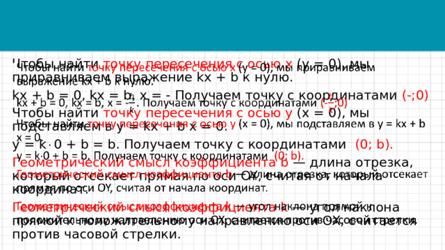   Чтобы найти точку пересечения с осью х (у = 0), мы приравниваем выражение kx + b к нулю. kx + b = 0, kx = b, х = - Получаем точку с координатами (-;0) Чтобы найти точку пересечения с осью у (х = 0), мы подставляем в у = kx + b х = 0. у = k  0 + b = b. Получаем точку с координатами (0; b). Геометрический смысл коэффициента b — длина отрезка, который отсекает прямая по оси OY, считая от начала координат. Геометрический смысл коэффициента k — угол наклона прямой к положительному направлению оси OX, считается против часовой стрелки. 