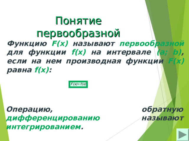 Понятие первообразной Функцию F(x)  называют первообразной для функции f(x) на интервале (a; b) , если на нем производная функции F(x) равна f(x) :  Операцию, обратную дифференцированию  называют интегрированием . 