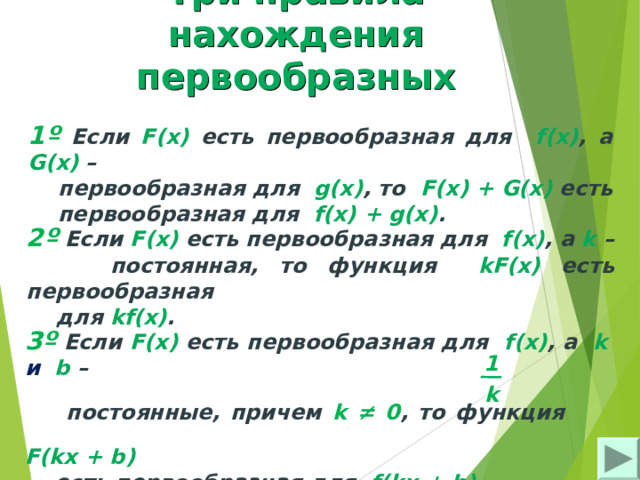 Три правила нахождения первообразных 1 º Если F ( x )  есть первообразная для  f(x) , а G(x) –  первообразная для  g(x) , то  F(x) + G(x)  есть  первообразная для  f(x) +  g(x) . 2º Если F(x)  есть первообразная для  f(x) , а k –  постоянная, то функция  kF(x)  есть первообразная  для  kf (х) . 3º Если F(x)  есть первообразная для  f(x) , а  k и b –  постоянные, причем k ≠ 0 , то функция   F(kx + b )   есть первообразная для  f(kx + b) . 1 k 