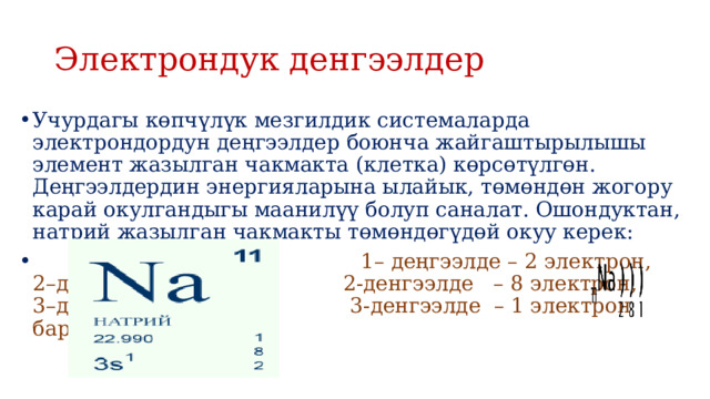 Электрондук денгээлдер Учурдагы көпчүлүк мезгилдик системаларда электрондордун деңгээлдер боюнча жайгаштырылышы элемент жазылган чакмакта (клетка) көрсөтүлгөн. Деңгээлдердин энергияларына ылайык, төмөндөн жогору карай окулгандыгы маанилүү болуп саналат. Ошондуктан, натрий жазылган чакмакты төмөндөгүдөй окуу керек:  1– деңгээлде – 2 электрон,  2–деңгээлде 2-денгээлде – 8 электрон,  3–денгээлде 3-денгээлде – 1 электрон бар. 