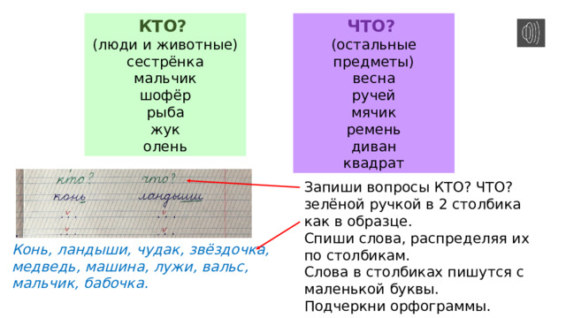 КТО? ЧТО? (люди и животные) (остальные предметы) сестрёнка весна мальчик ручей мячик шофёр рыба ремень жук диван олень квадрат Запиши вопросы КТО? ЧТО? зелёной ручкой в 2 столбика как в образце. Спиши слова, распределяя их по столбикам. Слова в столбиках пишутся с маленькой буквы. Подчеркни орфограммы. Конь, ландыши, чудак, звёздочка, медведь, машина, лужи, вальс, мальчик, бабочка. 