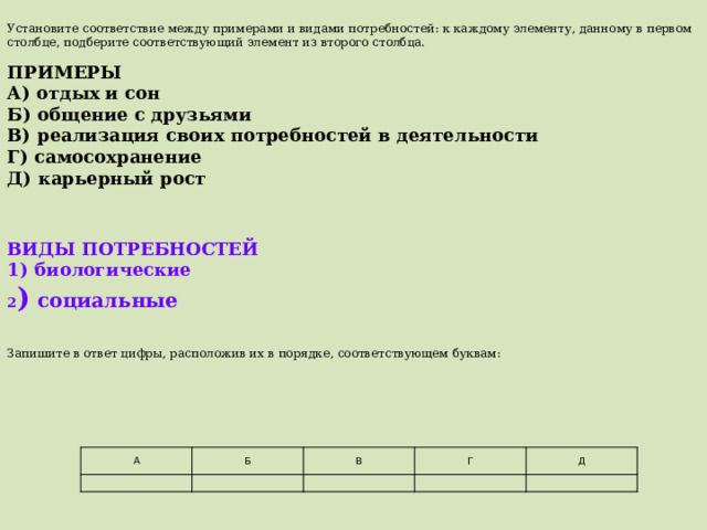 Установите соответствие между примерами и видами потребностей: к каждому элементу, данному в первом столбце, подберите соответствующий элемент из второго столбца. ПРИМЕРЫ А)  отдых и сон Б)  общение с друзьями В)  реализация своих потребностей в деятельности Г)  самосохранение Д)  карьерный рост ВИДЫ ПОТРЕБНОСТЕЙ 1)  биологические 2 )   социальные  Запишите в ответ цифры, расположив их в порядке, соответствующем буквам:    А Б     В   Г   Д   