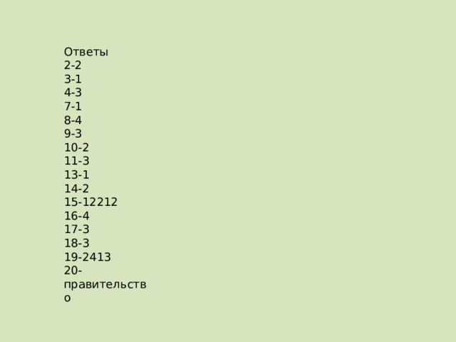 Ответы 2-2 3-1 4-3 7-1 8-4 9-3 10-2 11-3 13-1 14-2 15-12212 16-4 17-3 18-3 19-2413 20-правительство 